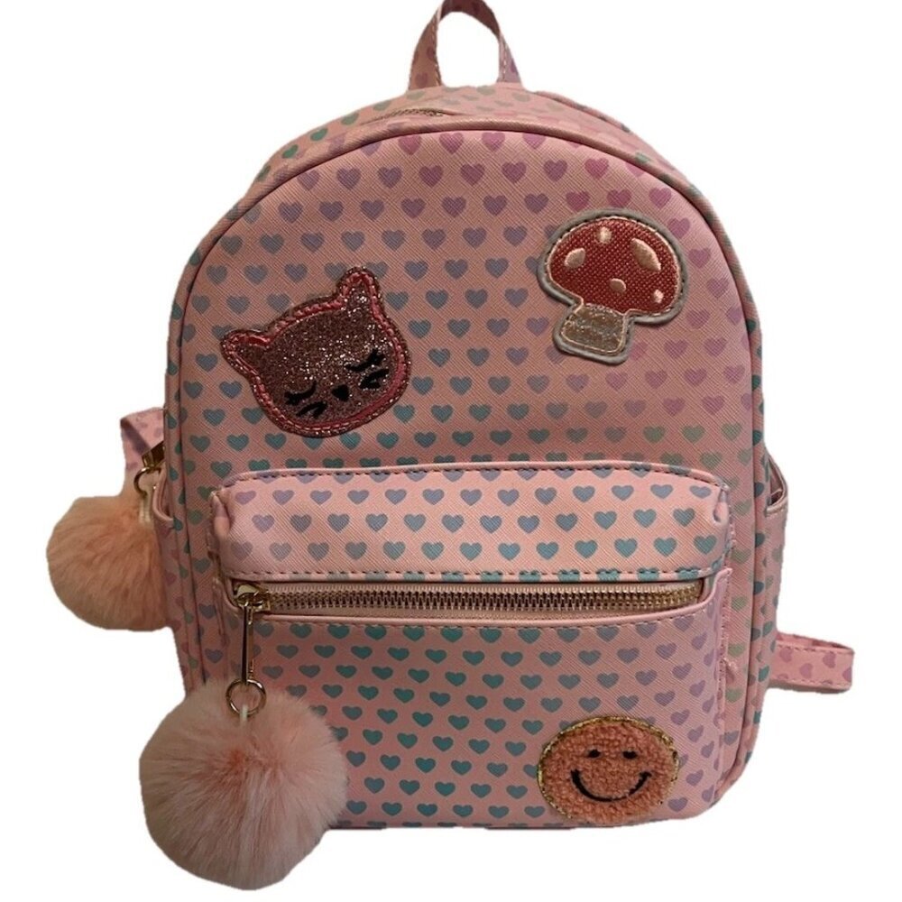Pink Hearts with Cute Cat Smiley Mushroom Patches Small Backpack